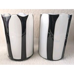 Hand Blown‎ Black White Striped Art Glass Vases Set of 2 Modern Heavy 7"
